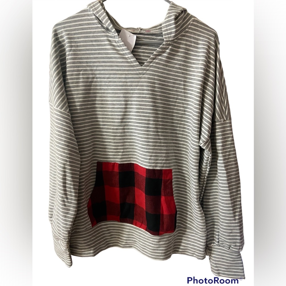 Festive Holiday Christmas Striped Hoodie with Red Buffalo Plaid Pocket (size L)